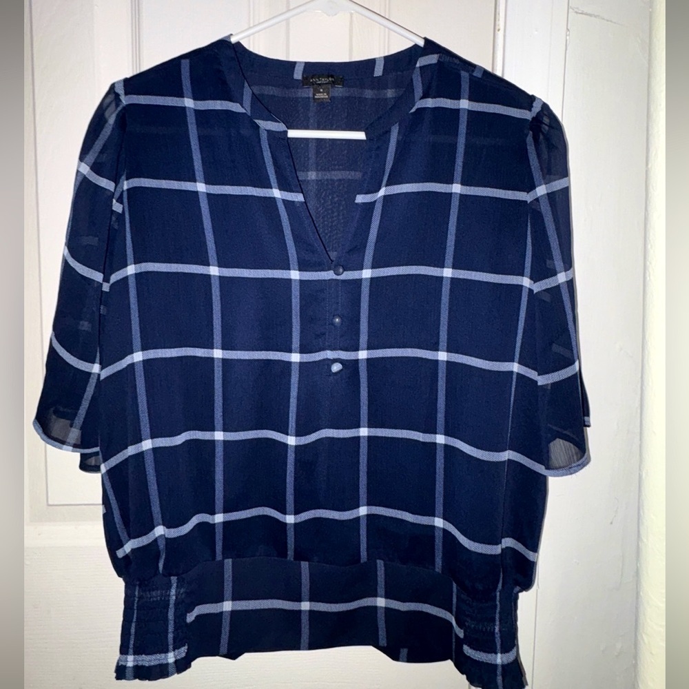 Ann Taylor Factory Navy Blue Plaid Blouse